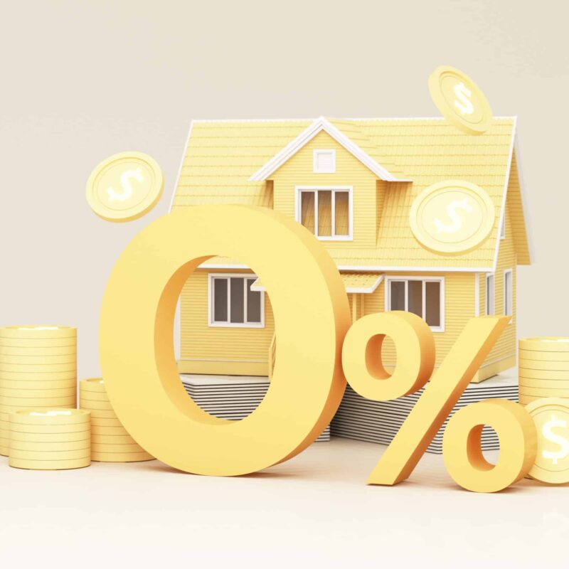 Yellow House with percent discount tag icon Real estate home. Credit percentage symbol. deposits and digital money in the concept of financial stability and growth on background. realistic 3d render